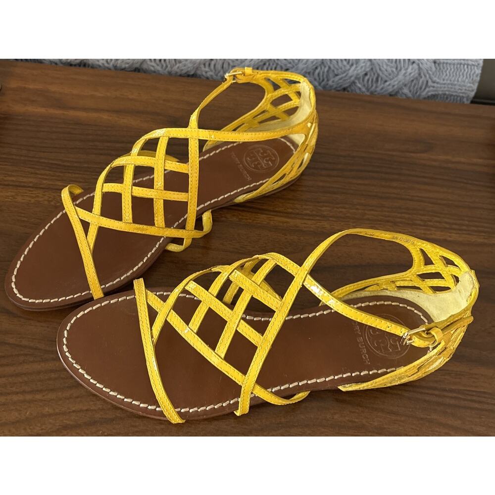 EUC Tory Burch Yellow Strappy Leather Sandals Adjustable Strap Women’s 8.5
